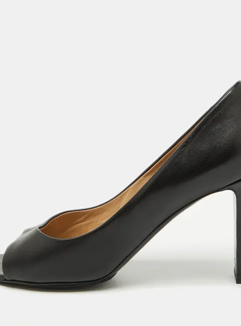 Chanel Black Leather Open Toe Pearl Heel Pumps Size 39