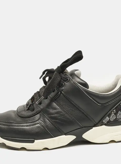 Chanel Black Leather Lace Up Sneakers Size 37.5