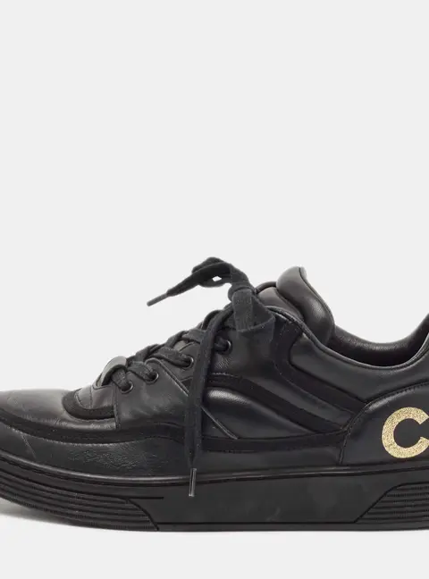 Chanel Black Leather Perforated CC Lace Up Sneakers Size 38
