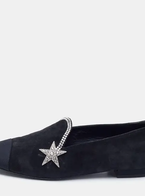 Chanel Black Canvas and Suede Star and Crystal Embellished Ballet Flats Size 36.5