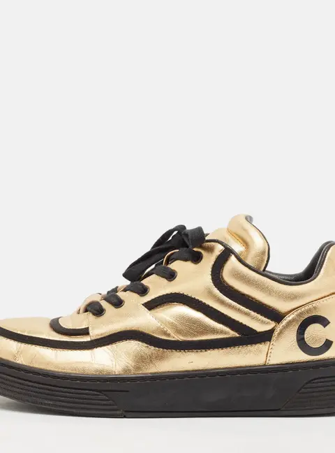 Chanel Black/Gold Leather CC Lace Up Sneakers Size 38