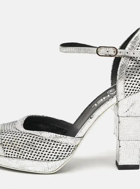 Chanel Silver Laser Cut Leather CC Platform Ankle Strap Pumps Size 38.5