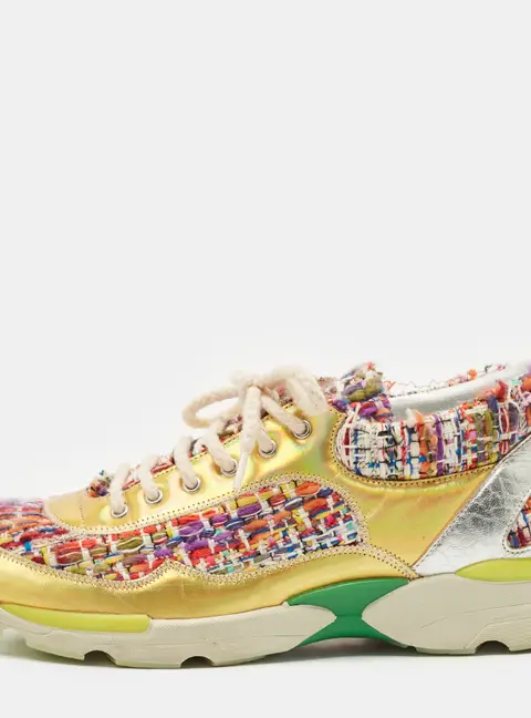 Chanel Multicolor Tweed and Leather Low Top Sneakers Size 38