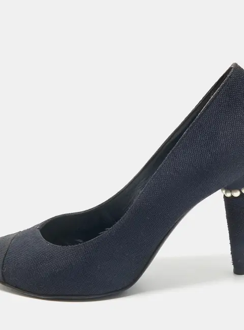 Chanel Navy Blue Canvas Embellished Pointed Toe Pumps Size 38