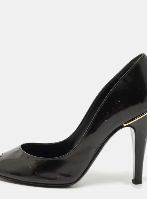 Chanel Black Patent Leather CC Peep Toe Pumps Size 34