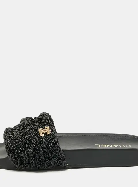 Chanel Black Leather and Pearls CC Pool Slides Size 42