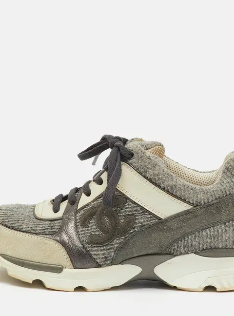 Chanel Grey/White Tweed, Suede and Leather Low Top CC Sneakers Size 35.5