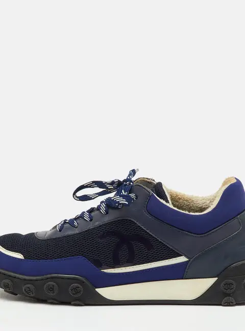 Chanel Navy Blue/White Leather, Neoprene and Mesh CC Low Top Sneakers Size 40