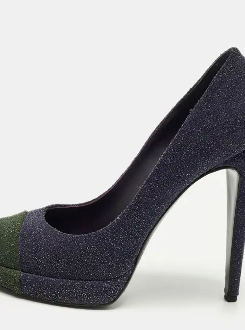 Chanel Size 40.5 Green/Purple Glitter and Leather Interlocking CC Logo Pumps