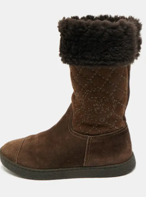 Chanel Size 36.5 Brown Quilted Suede Mid Calf Boots