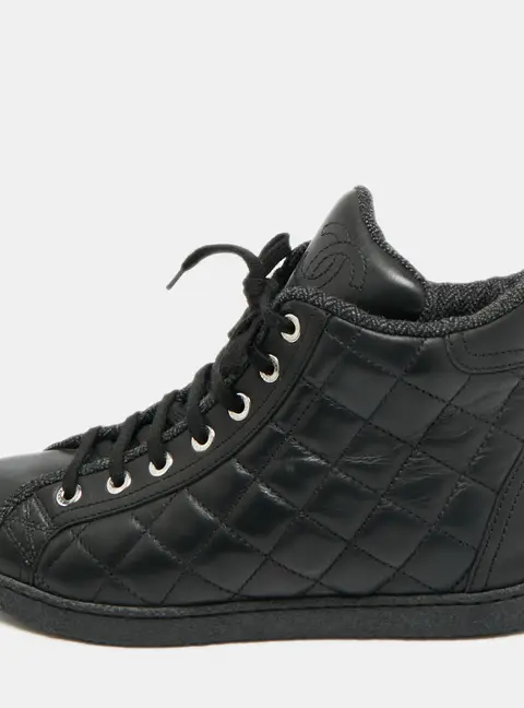 Chanel Size 35.5 Black Leather Lace Up Sneakers