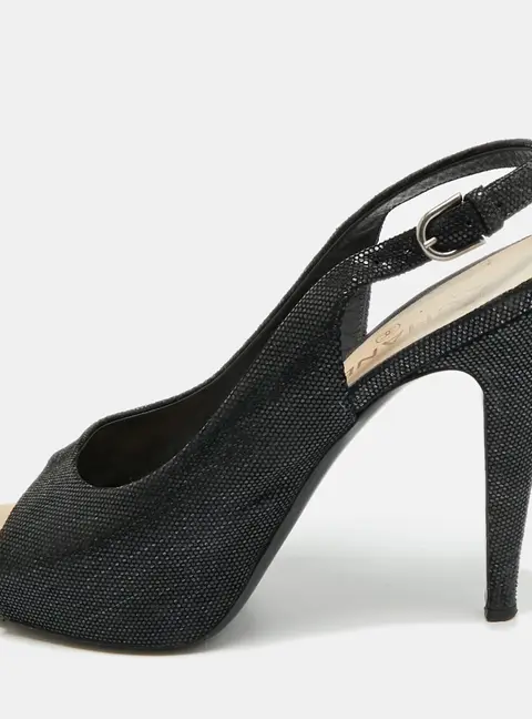 Chanel CC Size 40.5 Black Texture Suede Open Toe Slingback Pumps