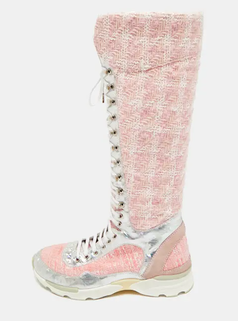 Chanel Size 40 Pink/Silver Leather and Tweed Leather Knee High Top Sneaker Boots