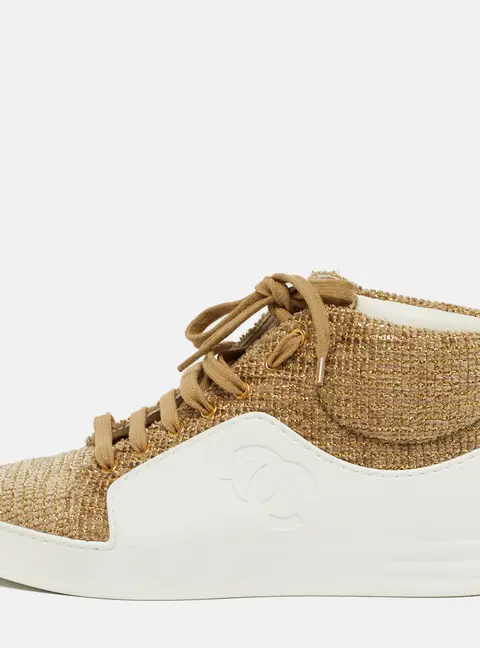 Chanel  Size 38.5 White/Gold Rubber And Tweed Fantasy High Top Sneakers