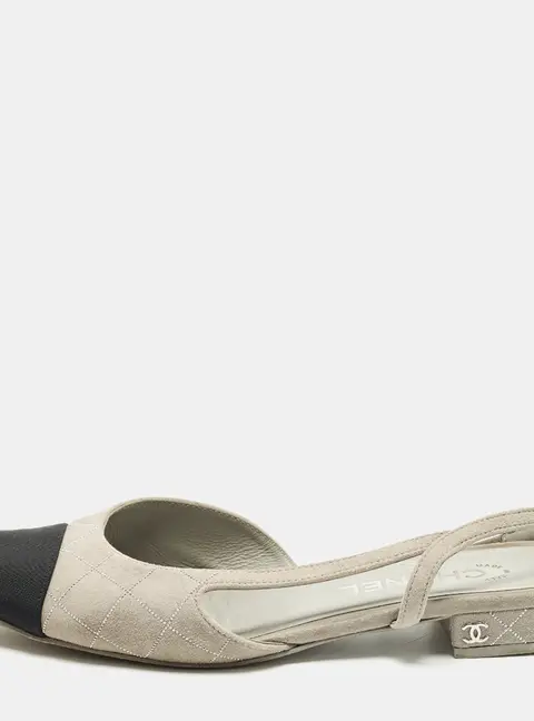 Chanel CC Size 39 Grey/Black Canvas and Suede Slingback Flats