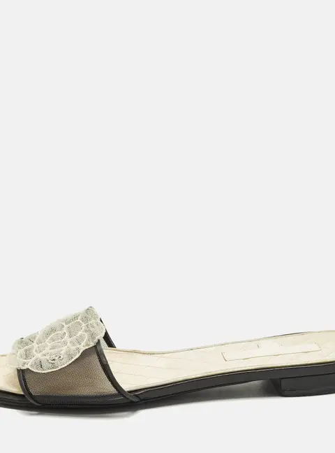 Chanel Camelia Size 37 Black/White Leather and Mesh Flat Slides