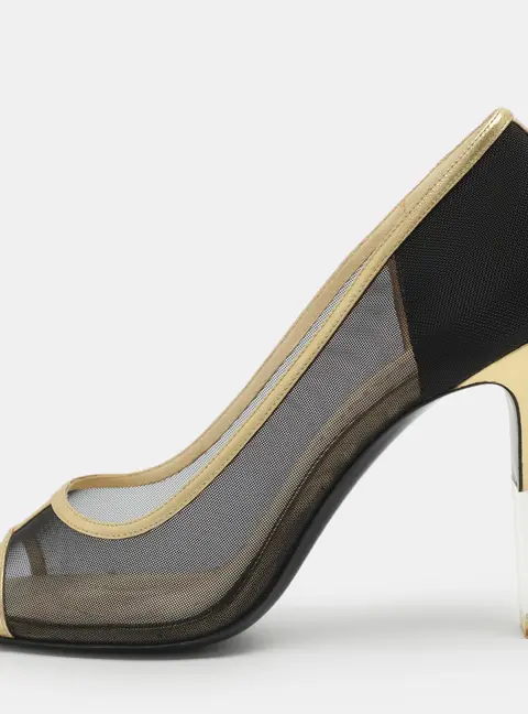 Chanel CC Size 37.5 Black/Gold Leather and Mesh Peep Toe Pumps