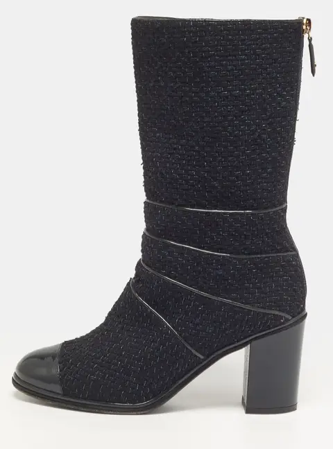 Chanel Size 37 Navy Blue Patent Leather and Tweed Ankle Length Boots