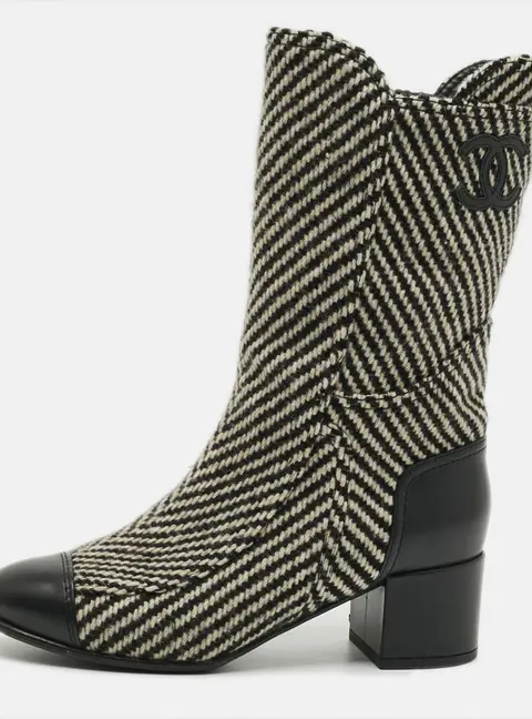 Chanel CC Size 39 Grey/Black Tweed and Leather Mid Calf Boots