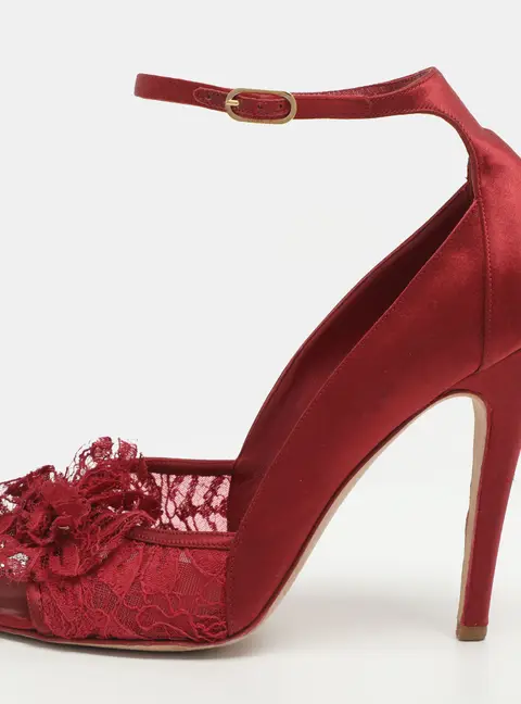 Chanel CC Size 40 Red Lace and Satin Peep Toe Ankle Strap Pumps