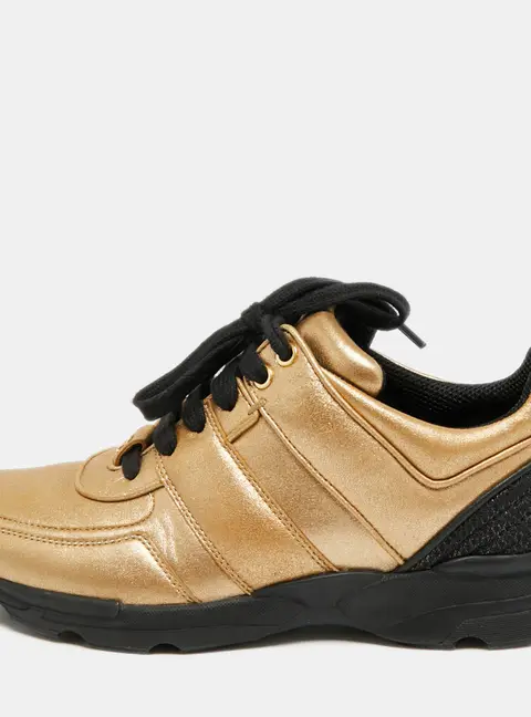 Chanel CC Size 38 Gold Leather and Tweed Lace Up Sneakers