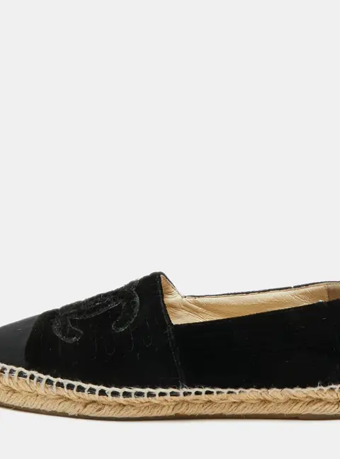 Chanel interlocking CC Size 38 Black Canvas and Velvet Cap Toe Espadrille Flat