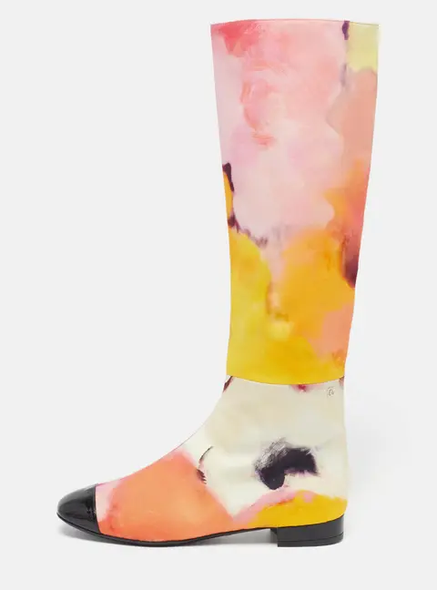 Chanel Size 37.5 Multicolor Patent Leather And Satin Rain Boots