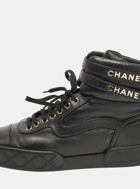 Chanel CC Size 38.5 Black Leather High Top Sneakers