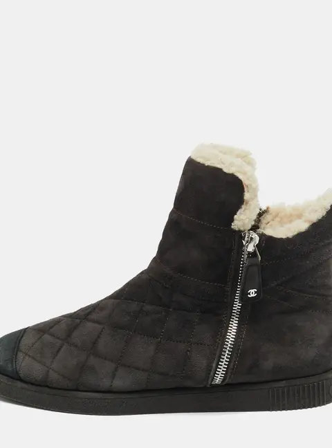 Chanel CC Size 37.5 Black Shearling and Suede Ankle Length Boots