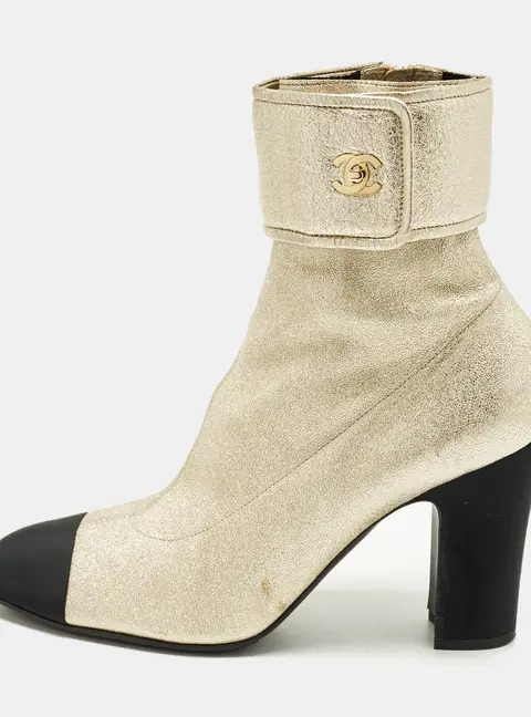 Chanel CC Size 41 Gold/Black Canvas and Leather Ankle Length Boots