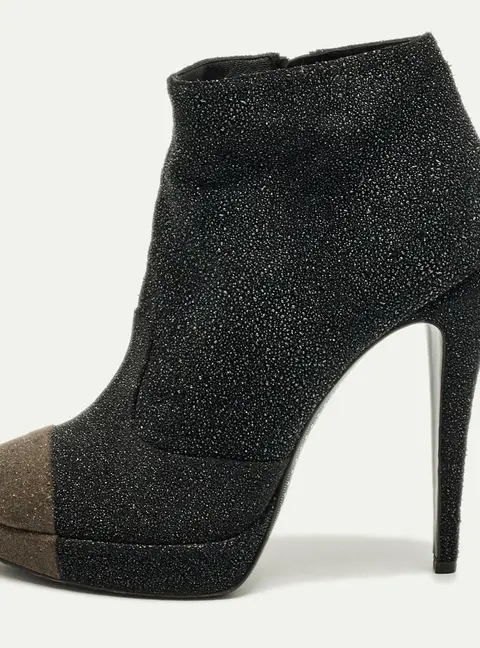 Chanel CC Size 39 Black/Beige Glitter and Suede Ankle Length Boots