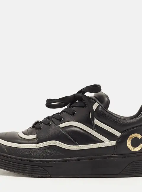 Chanel CC Camellia Size 38 Black Perforated Leather Lace Up Sneakers