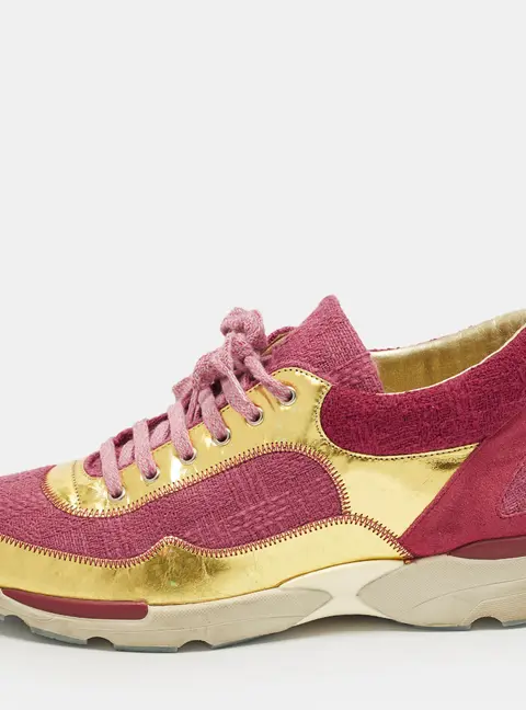 Chanel CC Size 38 Two Tone Leather and Tweed Lace Up Sneakers