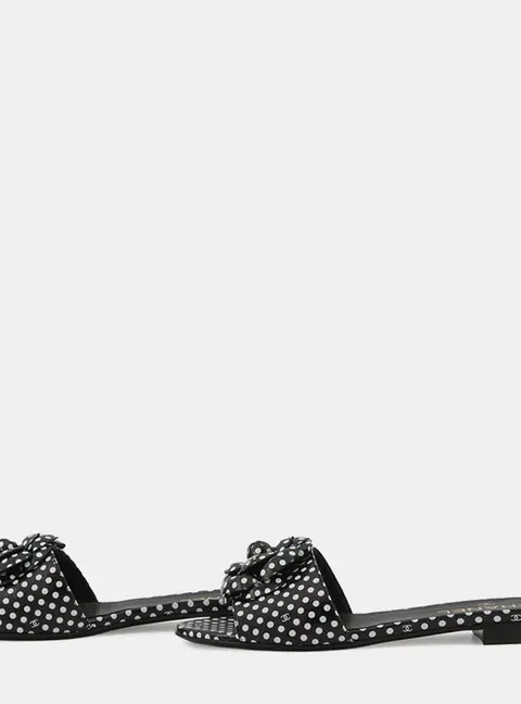 Chanel Camellia Dot Mules Sandals Black/White Lambskin Size 38