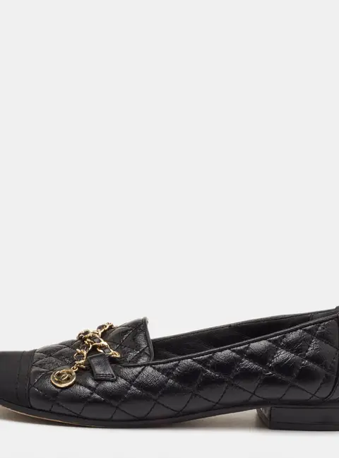 Chanel Size 36 Black Leather and Fabric CC Cap Toe Chain Link Loafers