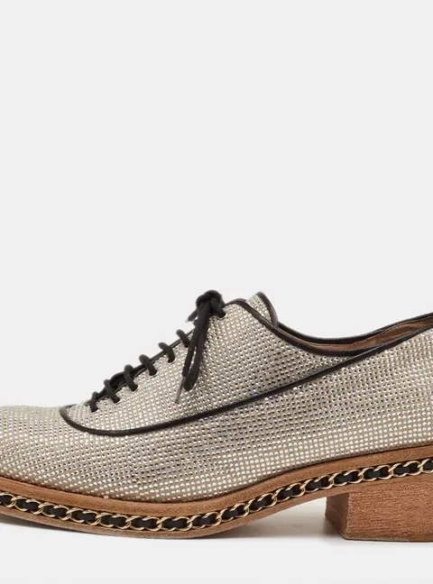 Chanel Size 38.5 Silver Suede Crystal Embellished Lace Up Oxfords