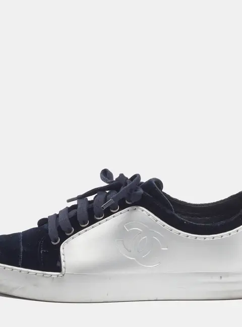 Chanel CC Size 37 Navy Blue/Silver Rubber and Velvet Low Top Sneakers