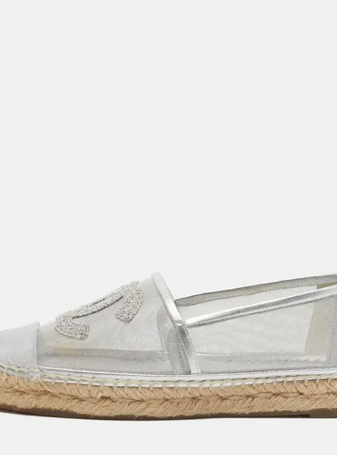 Chanel CC Size 37 Silver Fabric and Net Cap Toe Espadrille Flats