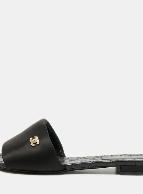 Chanel CC Size 39.5 Black Satin Flat Slides