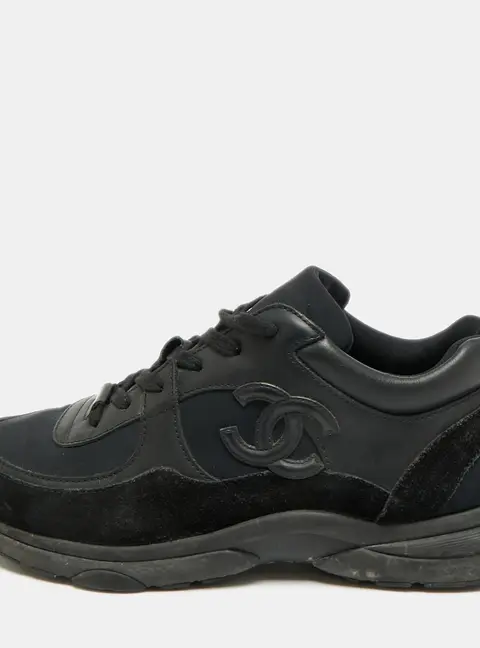 Chanel CC Size 39.5 Black Neoprene and Suede Low Top Sneakers