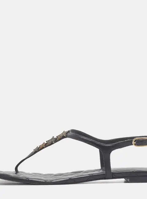 Chanel CC Size 38 Black Suede Thong Ankle Strap Flats