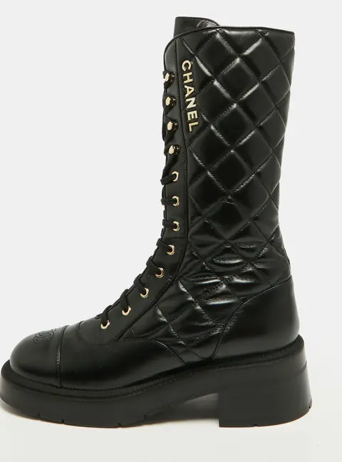 Chanel CC Size 41 Black Quilted Leather Combat Boots