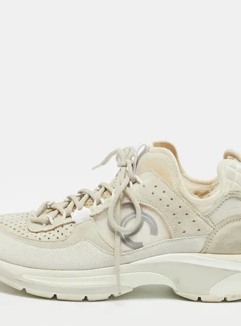 Chanel CC Size 37 Beige Canvas and Suede High Top Sneakers