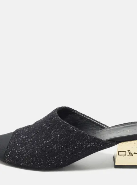 Chanel CC Size 38 Black Canvas and Lurex Fabric Mules