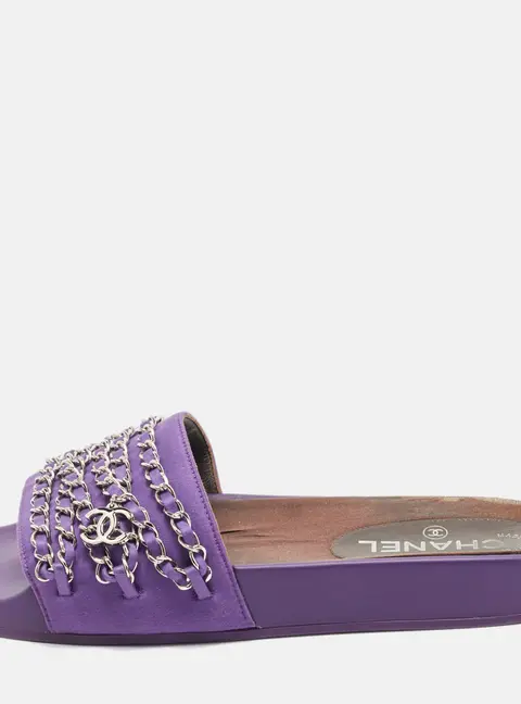 Chanel Tropiconic Size 39 Purple Satin Chain Flat Slide