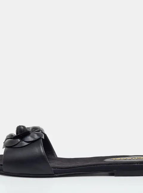 Chanel CC Camellia Size 39 Black Leather Flat Slide Sandals