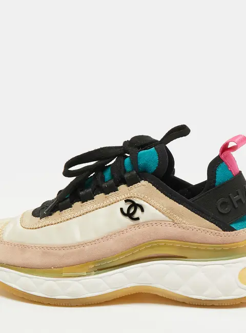 Chanel CC Size 37 Multicolor Fabric and Suede Lace Up Sneakers