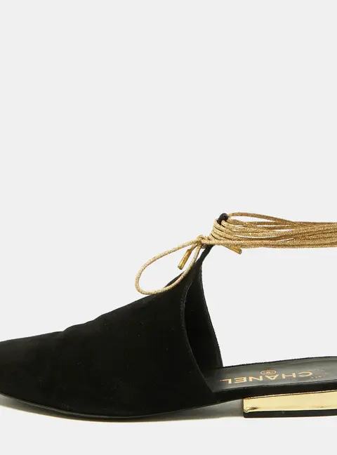 Chanel Size 38.5 Black Suede  Ankle Wrap Mules