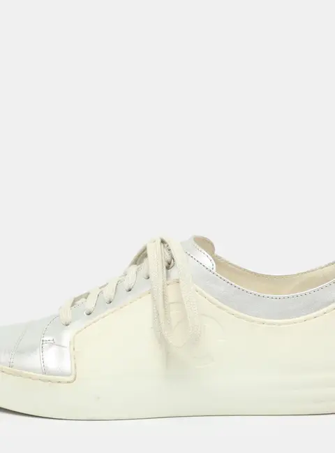 Chanel CC Size 37.5 Silver/White Leather and Rubber Lace Up Sneakers