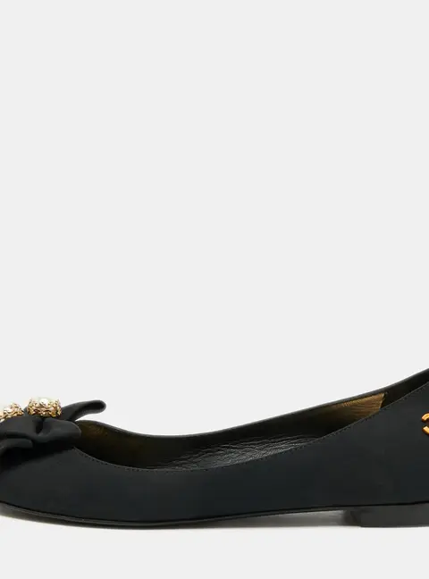 Chanel Size 37 Black Canvas Ballet Bow Peep Toe Ballet Flats